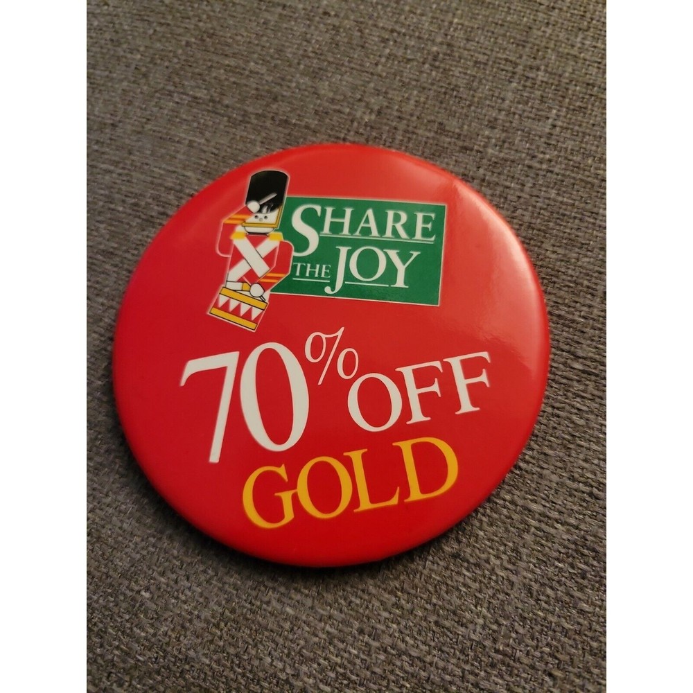 Vintage Caldor Share The Joy Retro Pin Back Button Associate Flare